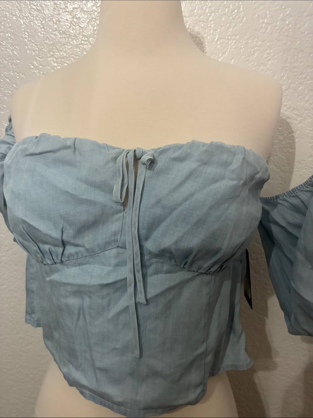 Guess Light Blue Off-Shoulder Tie-Front Crop Top
